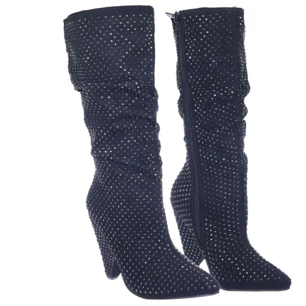 BAMBOO WOMEN'S RETRO RHINESTONE GLITTER BOOT ON CONE TAPERED HEEL G1